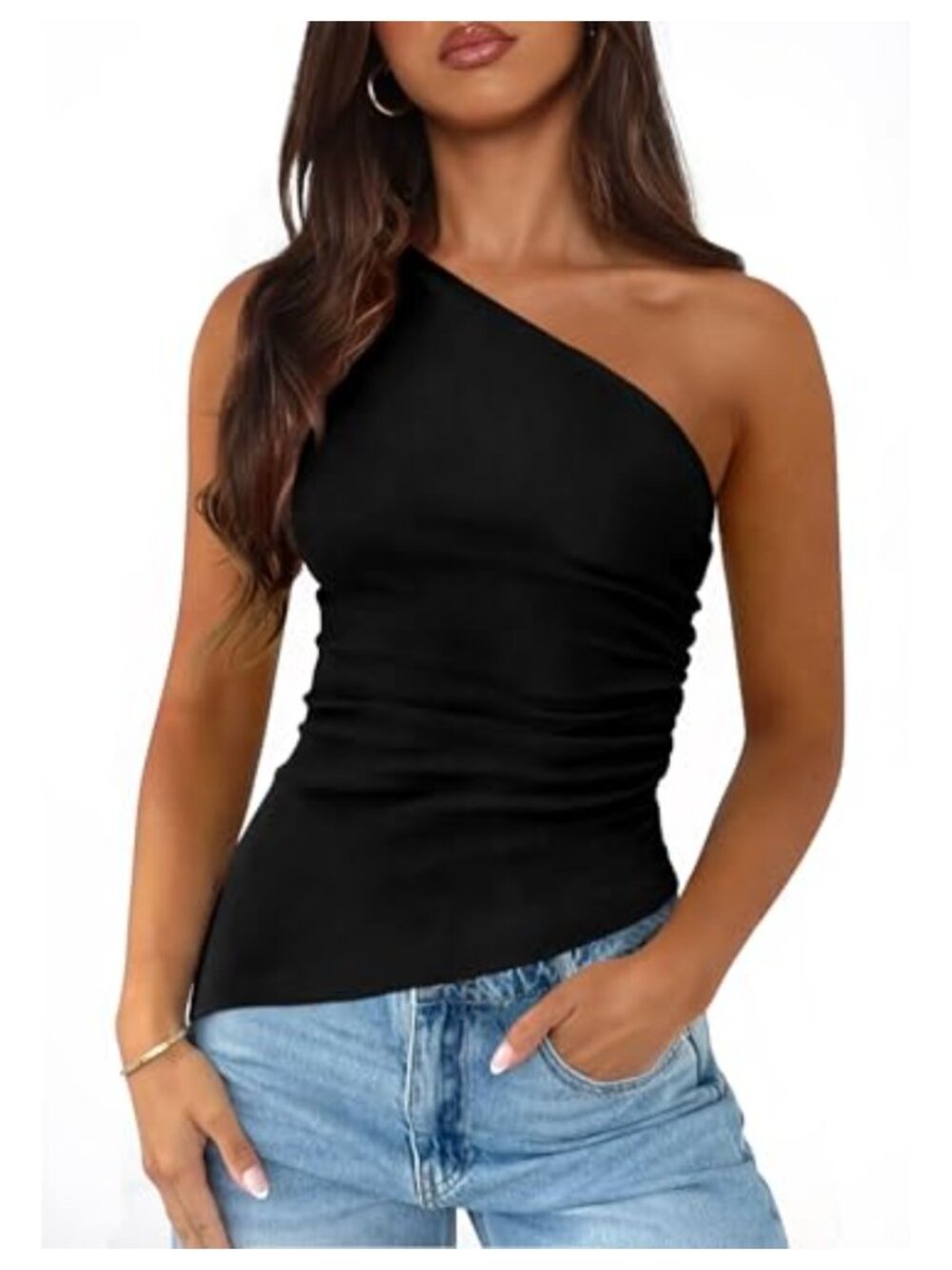 One Shoulder Sleeveless Slim Fit Ruched Asymmetrical Knit Top Blouse